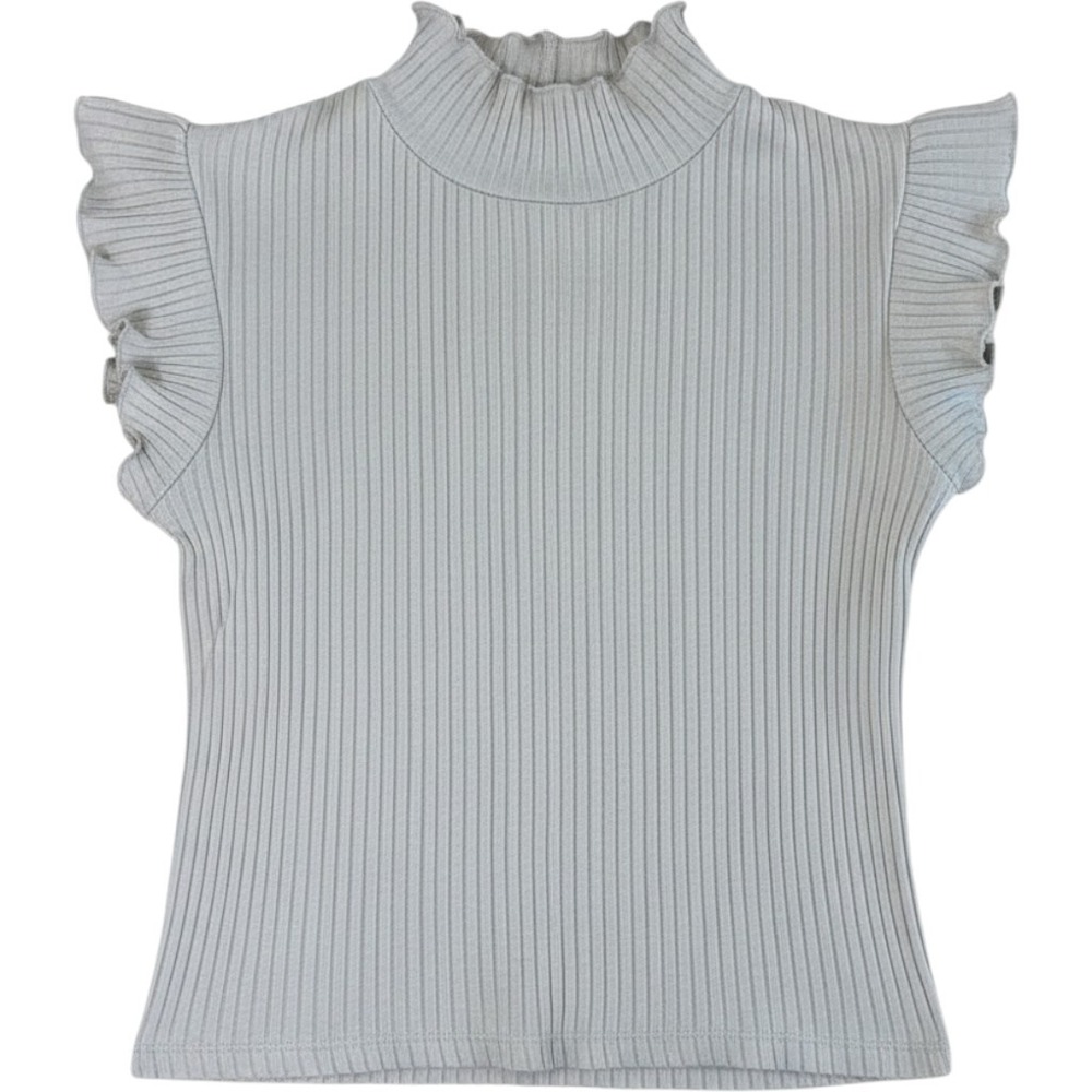 Zara Beige Ribbed Mock Neck Ruffle Cap Sleeve Top Small